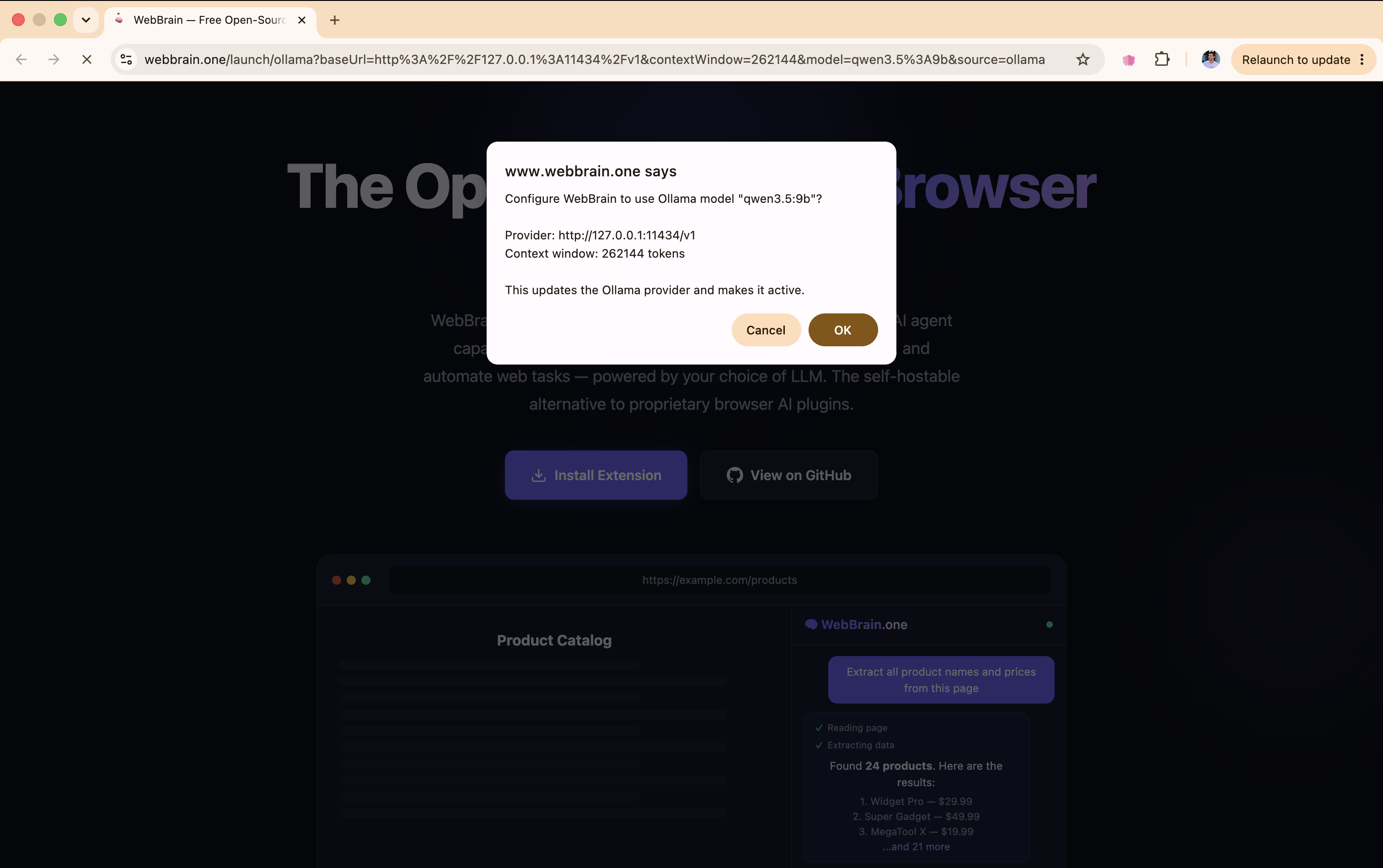 WebBrain confirmation dialog showing the Ollama model, provider URL, and context window