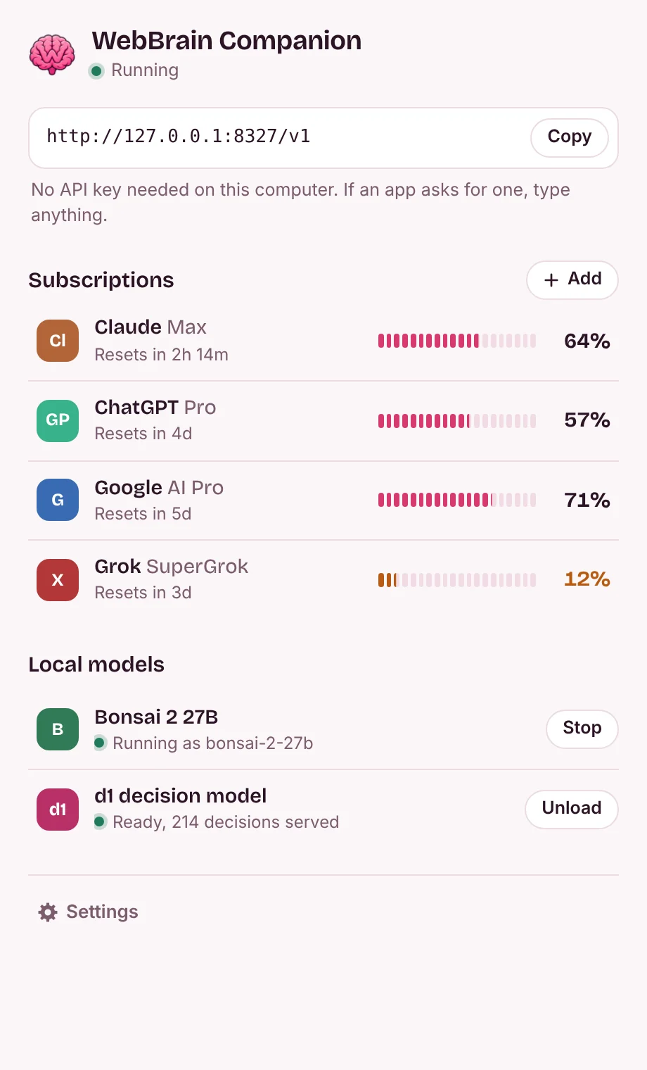 The panel: the address http://127.0.0.1:8327/v1 with a Copy button, usage meters for Claude Max, ChatGPT Pro, Google AI Pro and SuperGrok, and Bonsai 2 27B running next to the d1 decision model.