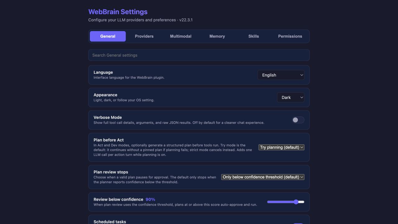 WebBrain General settings showing language, appearance, planning, plan review and confidence controls
