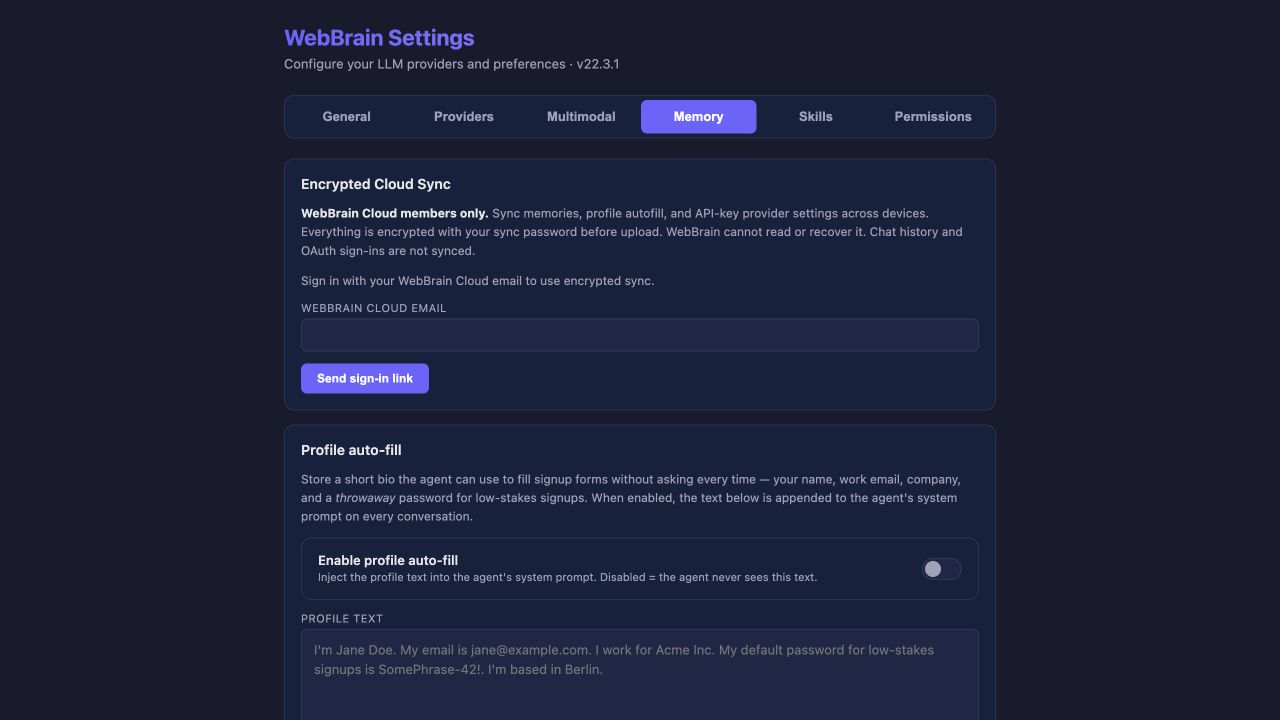 WebBrain Memory settings showing encrypted cloud sync and profile auto-fill